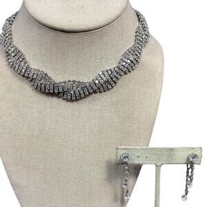 Panetta Earrings & Matching Necklace Set Silver Tone Crystal Bridal 90s